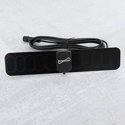 SUPERSONIC<sup>&reg;</sup> HDTV Flat Digital TV Antenna - Gain more channels with this HDTV digital antenna. Easy to install and connect with built-in coaxial cable. Receives HD 1080i, 1080p and 720p as well as free local HDTV/UHF signals. Frequency range: 470-860MHz. Includes coaxial cable which measures 6ft long. Dimensions: 8.5" x 0.15" x 2"